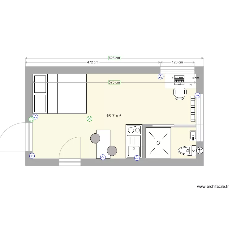 Chambre 2 KITCHENETTE ET SDB avec lit 140. Plan de 