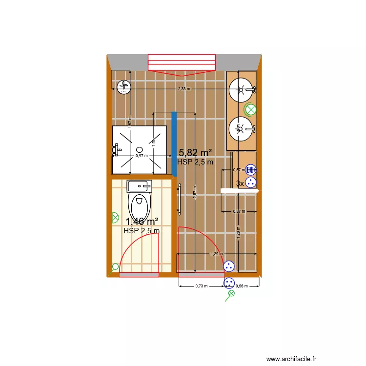 Salle de bain & WC. Plan de 2 Pièces et 7 m² Salle de bain & WC. Plan de 2 Pièces et 7 m²