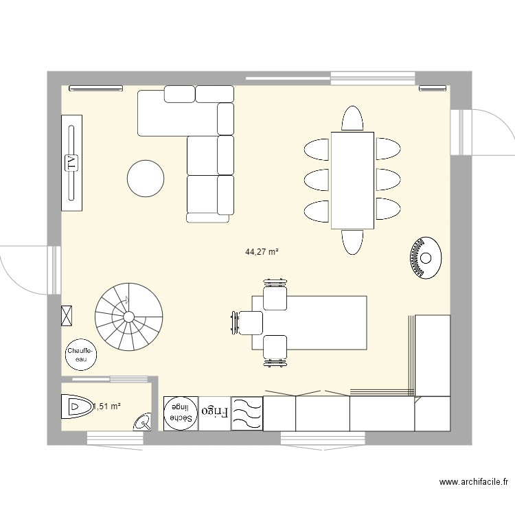 Salon. Plan de 2 pièces et 46 m2