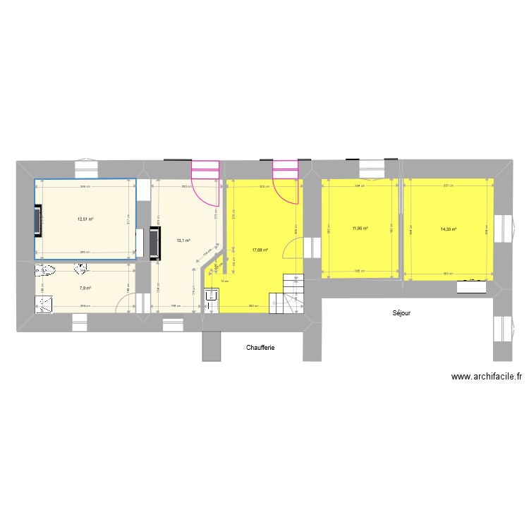 Appartements RDC Der (avec cotes). Plan de 6 pièces et 77 m2
