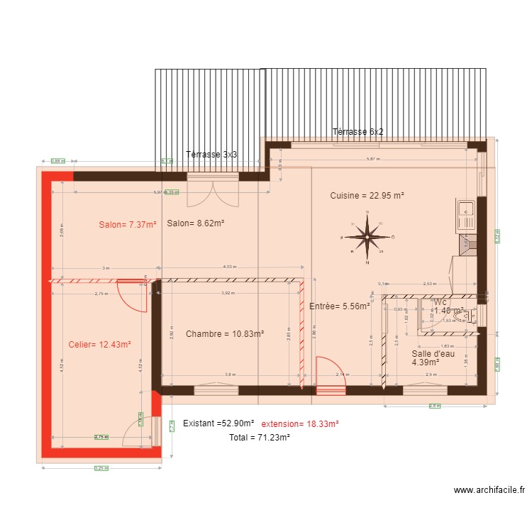 Existant et projet                       Richard chalet 32. Plan de 2 pièces et 73 m2