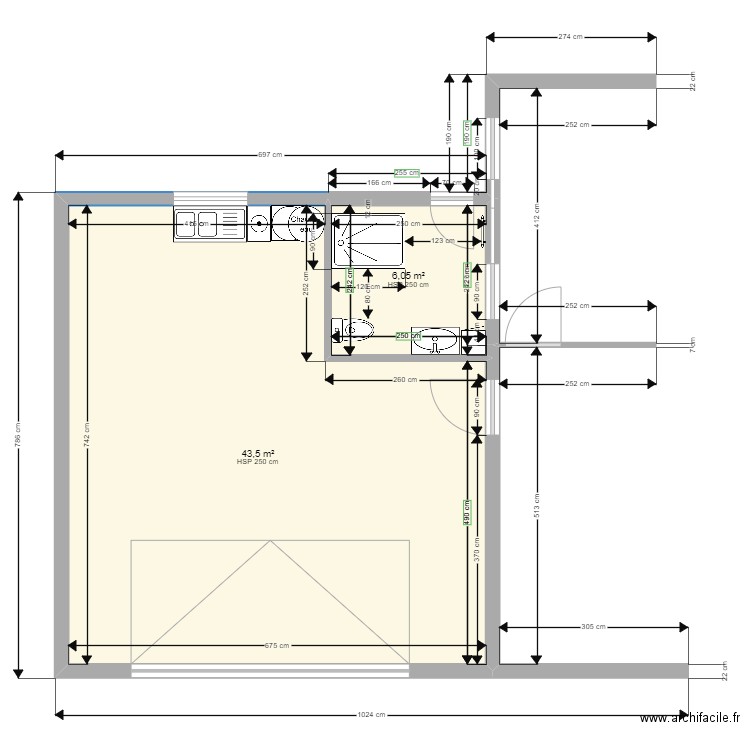 SDB COTE. Plan de 2 pièces et 50 m2