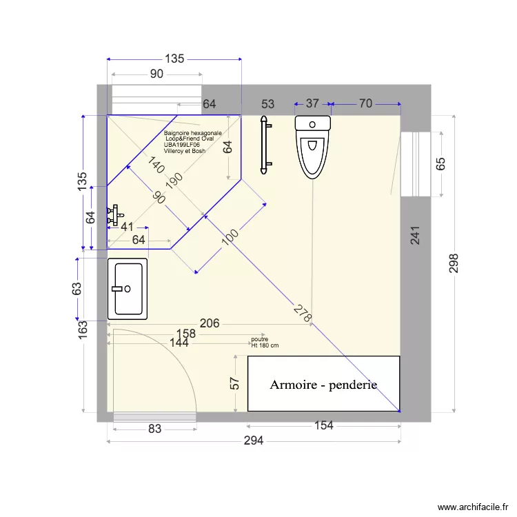 Salle de bain Hexa L F oval. Plan de 