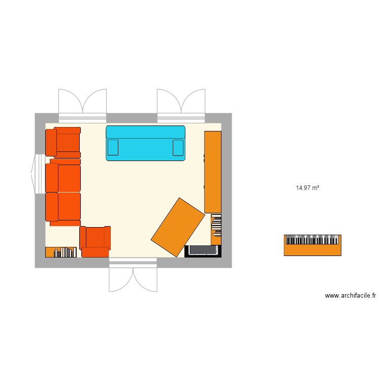 BOURISP RDC Salon Buffet et Table en Teck Paris. Plan de 1 pièce et 15 m2