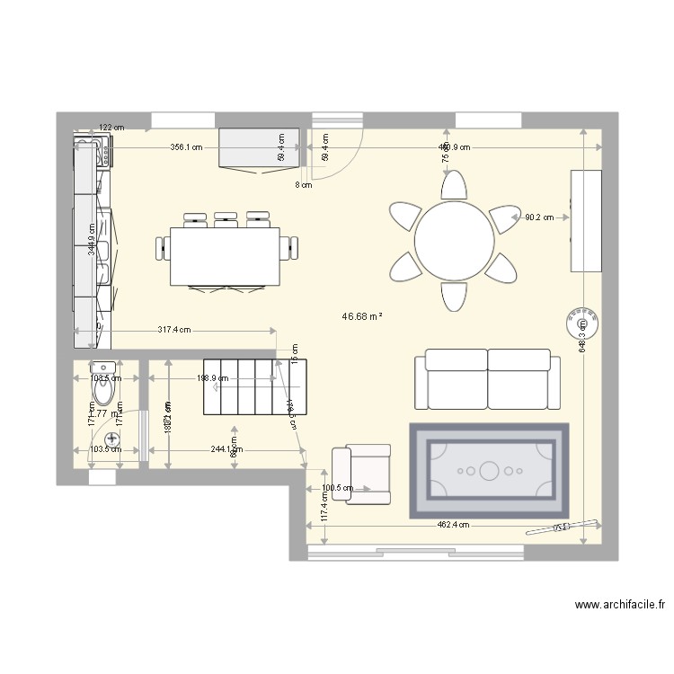 Damien et Anne rdc. Plan de 2 pièces et 48 m2