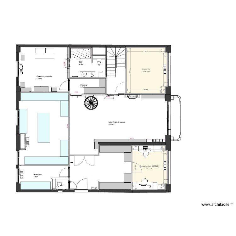 13QR . Plan de 8 pièces et 77 m2