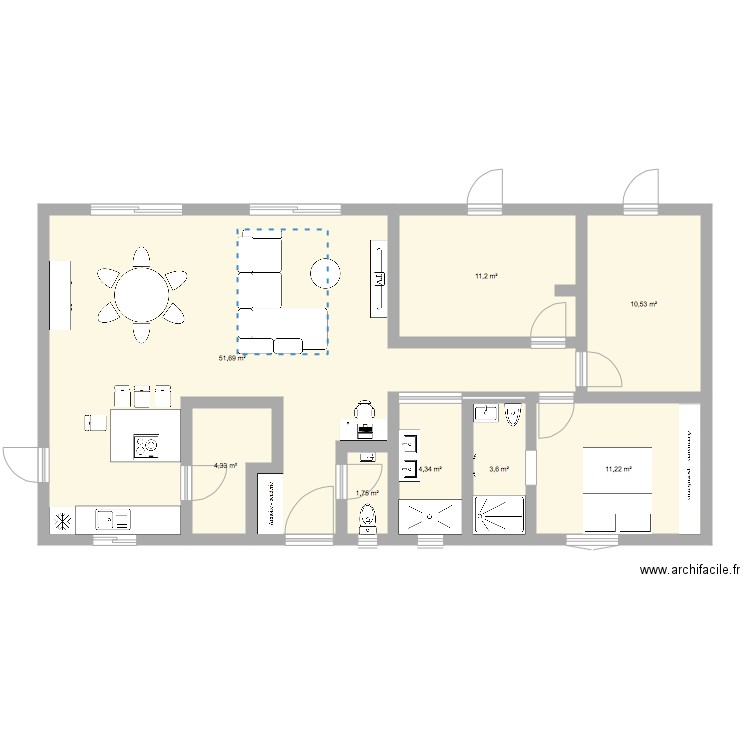maison 98m2 3ch rectangulaire . Plan de 0 pièce et 0 m2