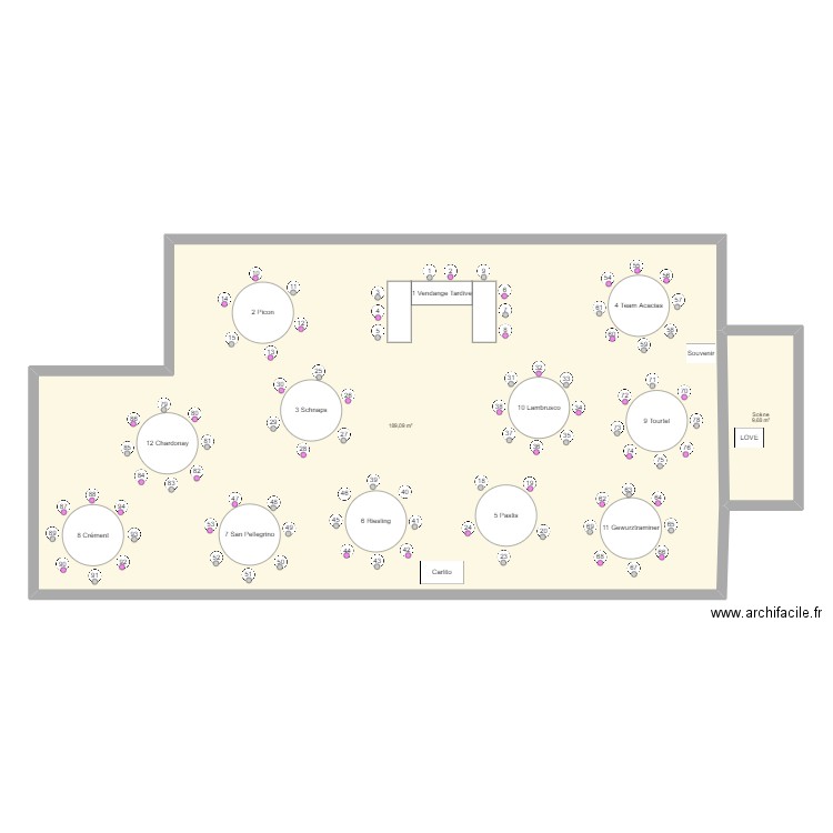 2022-08-06 Plan de salle3. Plan de 2 pièces et 199 m2