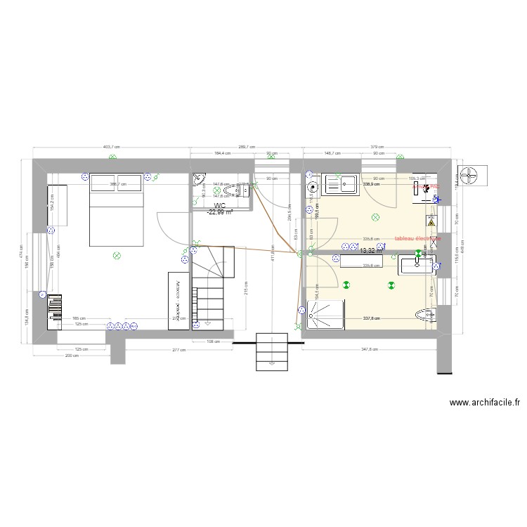 rezdechausséenordélec. Plan de 2 pièces et 15 m2