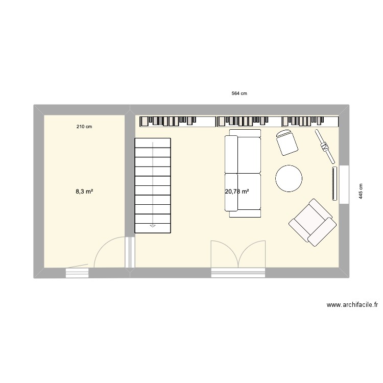 chambre. Plan de 2 pièces et 29 m2