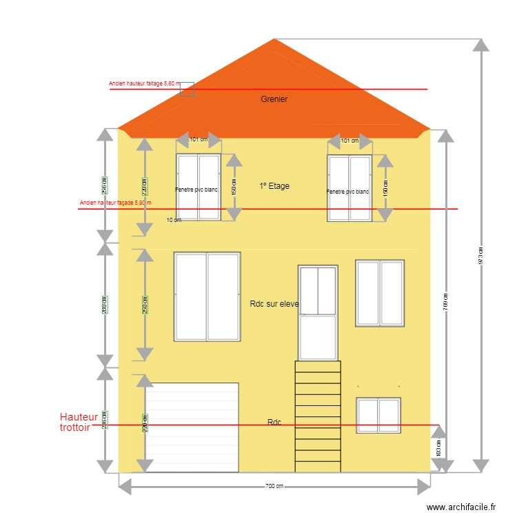 Façade devant 2025/07. Plan de 7 pièces et 90 m2