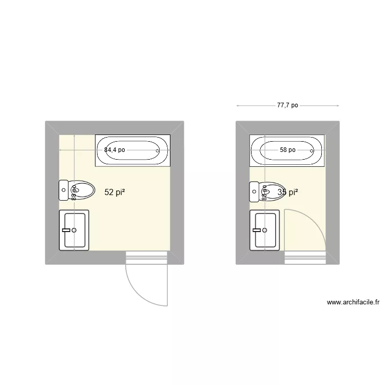 salle de bain. Plan de 2  et 8 m²