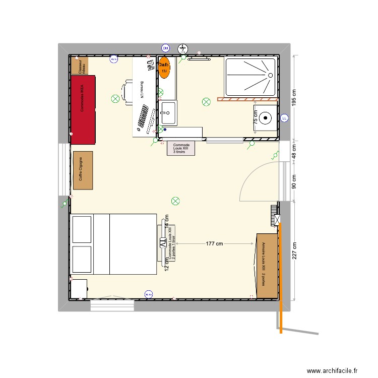 Meaulne Chambre SdB. Plan de 2 pièces et 32 m2