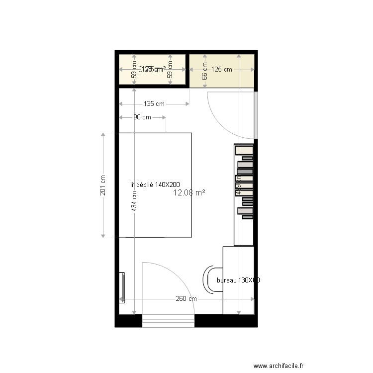 chambre 2 Bureau appartement DUPLAIX agencement 1 lit canapé déplié. Plan de 0 pièce et 0 m2