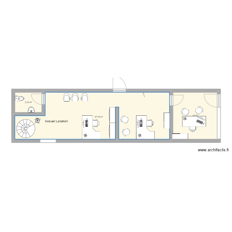 amenagement agence 3 VH dédié location 3 bureaux 2. Plan de 3 pièces et 52 m2