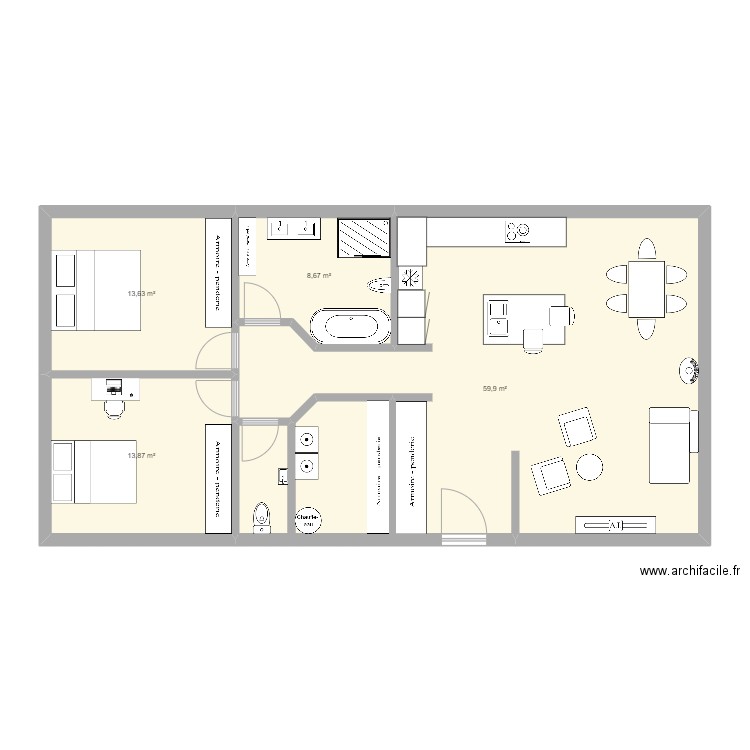 100m2. Plan de 4 pièces et 96 m2