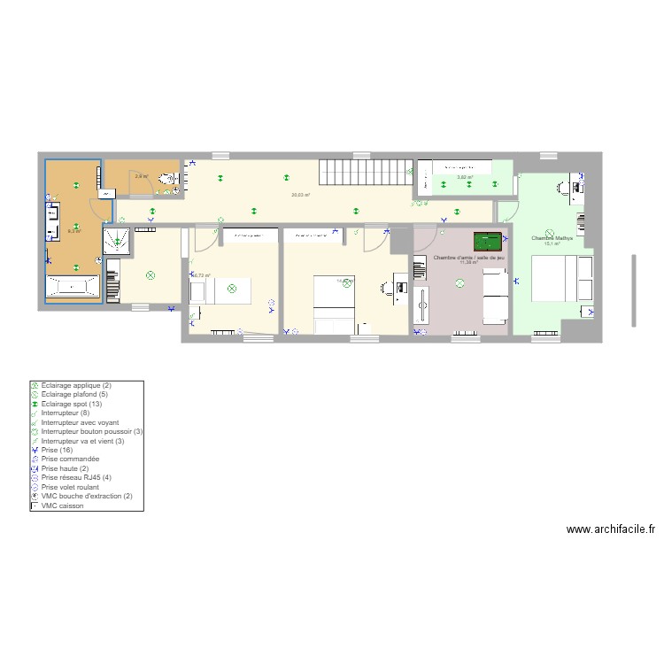 Etage V3. Plan de 8 pièces et 94 m2