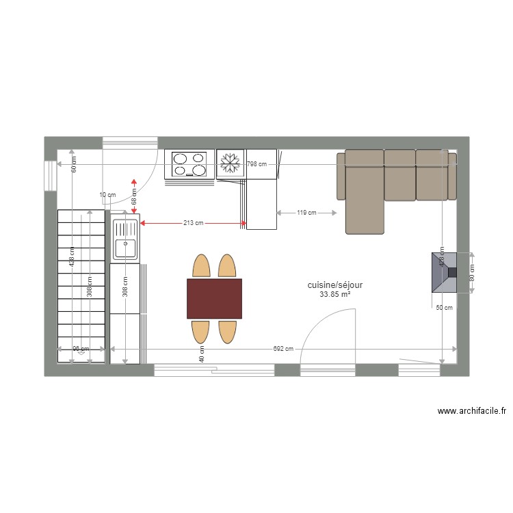 conzes. Plan de 1 pièce et 34 m2