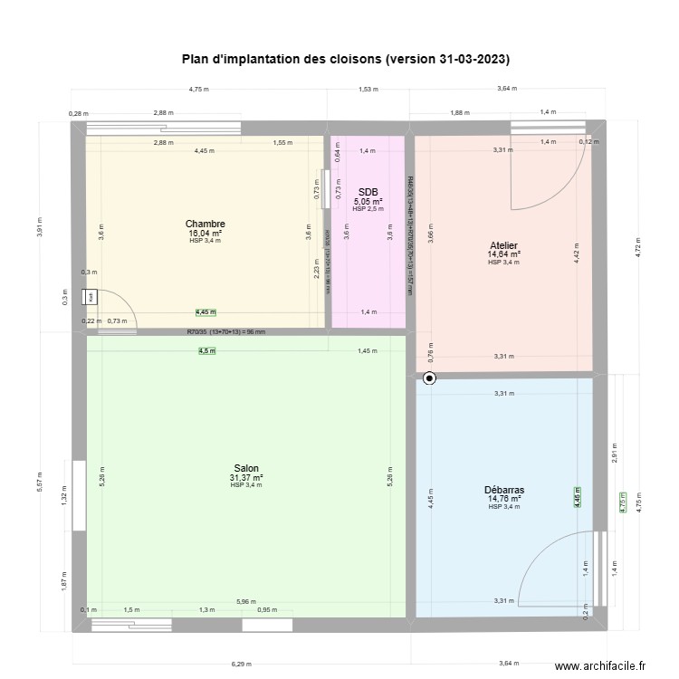 Plan implantation cloisons 31 03 2023. Plan de 5 pièces et 82 m2