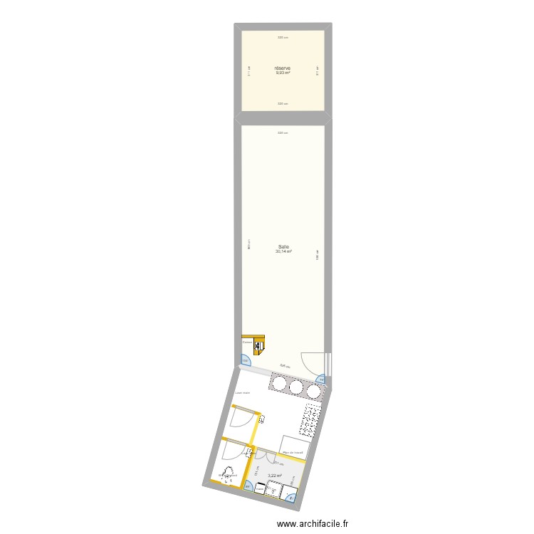  - Crêperie Ares. Plan de 3 pièces et 43 m2