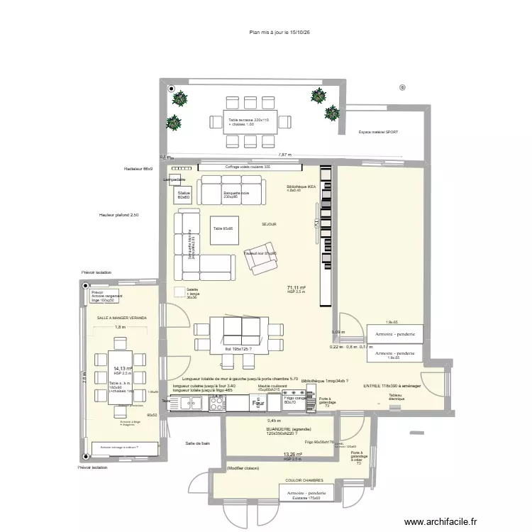 S&eacute;jour + Cuisine (projet ameublement) 20/10/26. Plan de 4 Pièces et 117 m²