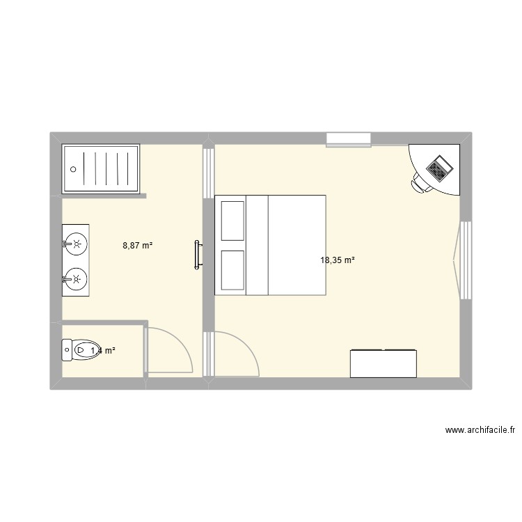 Suite parents Moréno. Plan de 3 pièces et 29 m2