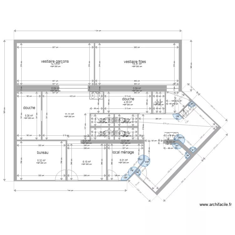 plan existant du Dojo vestiaires filles et gar&ccedil;ons. Plan de 