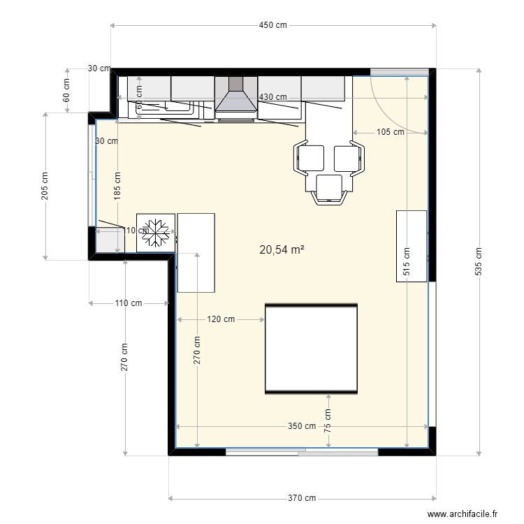 CUISINE OUVERTE VERRERIE. Plan de 1 pièce et 21 m2