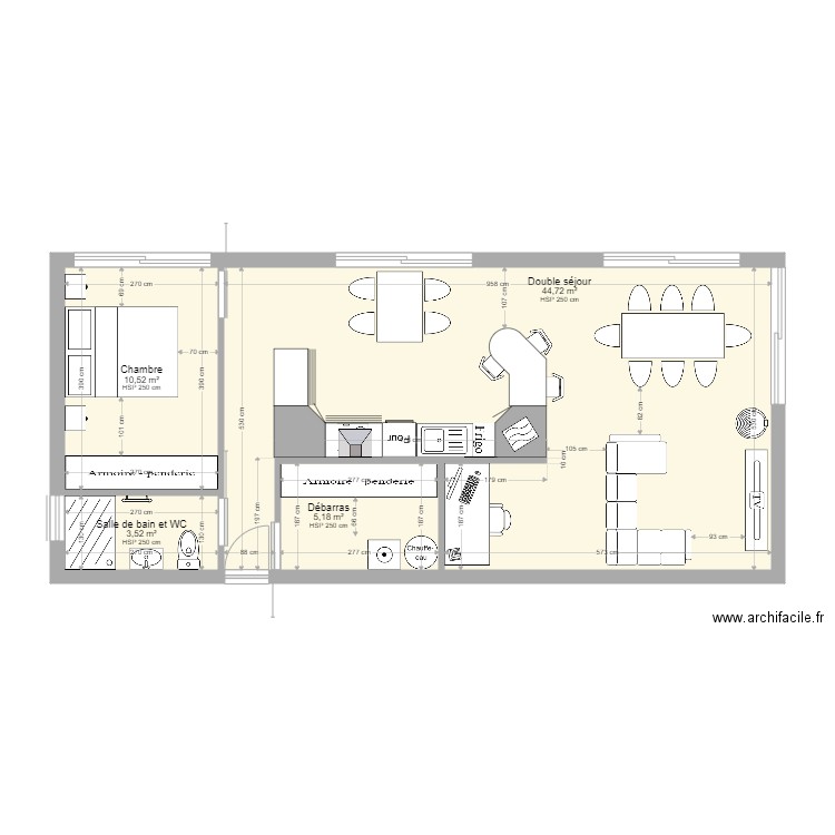 bel oeil  plan projet aménagé étendu V2. Plan de 4 pièces et 64 m2