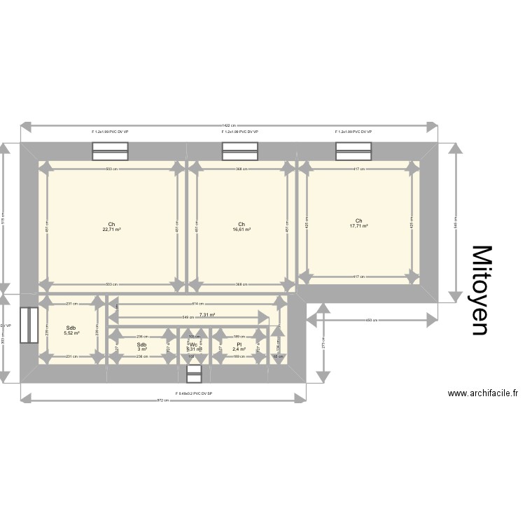 Vacant 13. Plan de 8 pièces et 77 m2