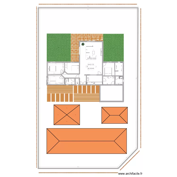 Maison toit+terasse+cloture et muret. Plan de 