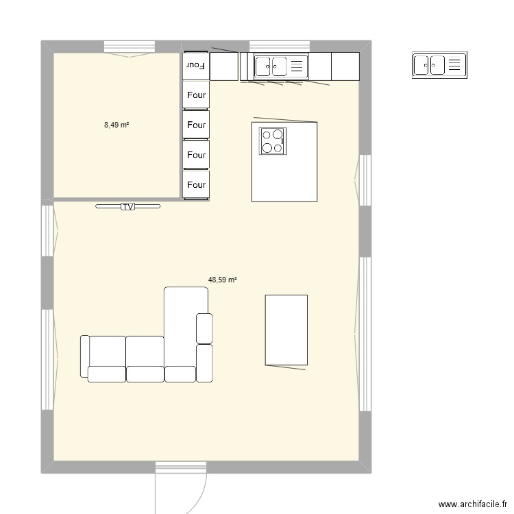 plan cuisine. Plan de 2 pièces et 57 m2