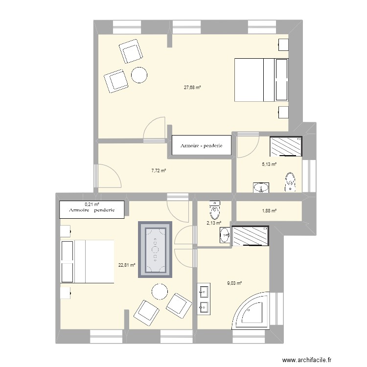 2 Chambres. Plan de 8 pièces et 77 m2