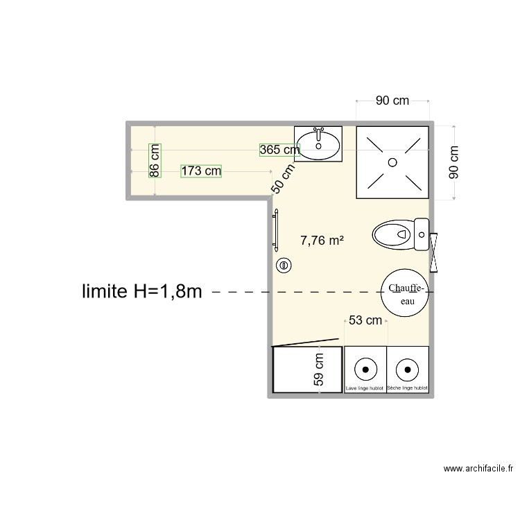 Bobillot R2 - salle de bain. Plan de 1 pièce et 8 m2