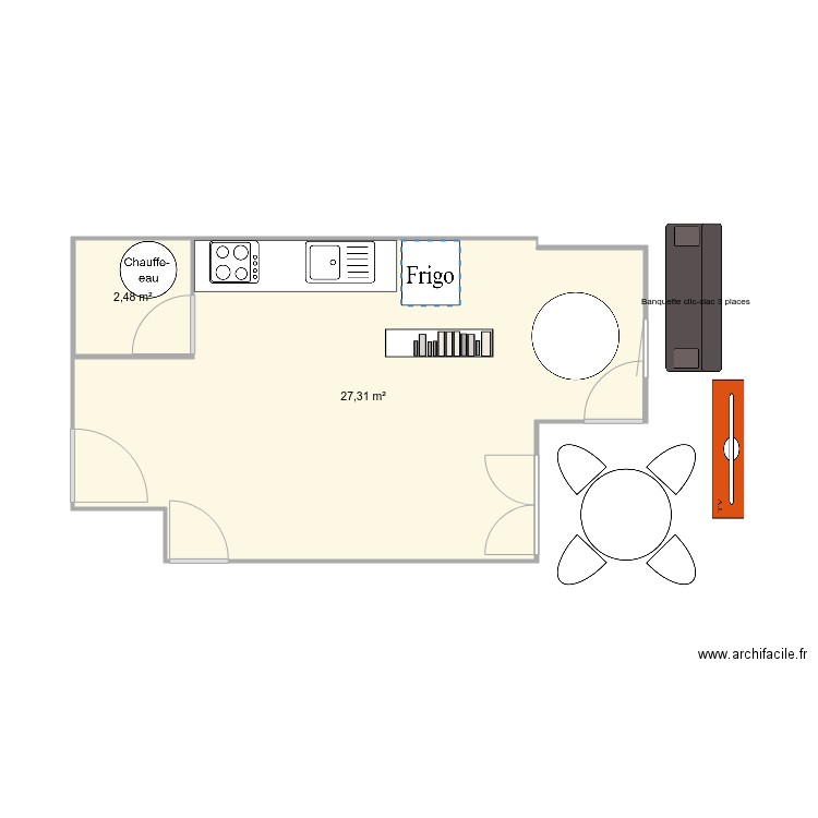 PIièce de vie. Plan de 2 pièces et 30 m2