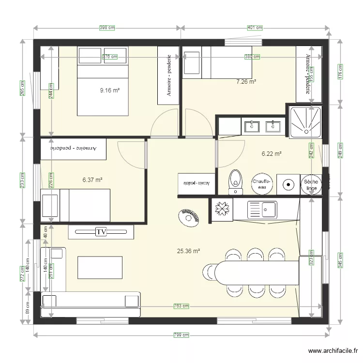 carr&eacute; 62 m2. Plan de 