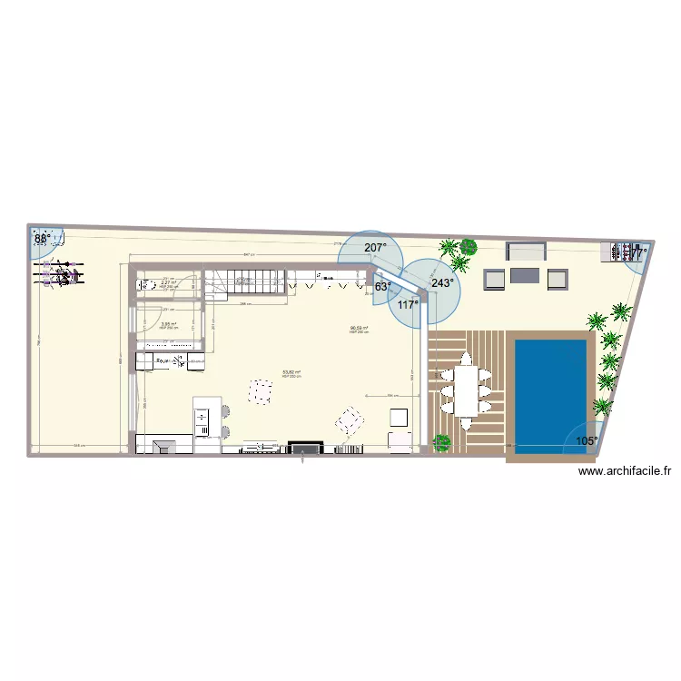 JdA terrain et piscine et int&eacute;rieur elles. Plan de 