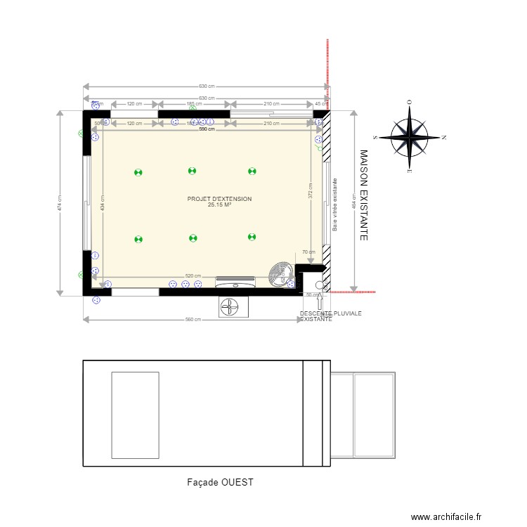 Vue en plan extension salon et façade OUEST. Plan de 0 pièce et 0 m2