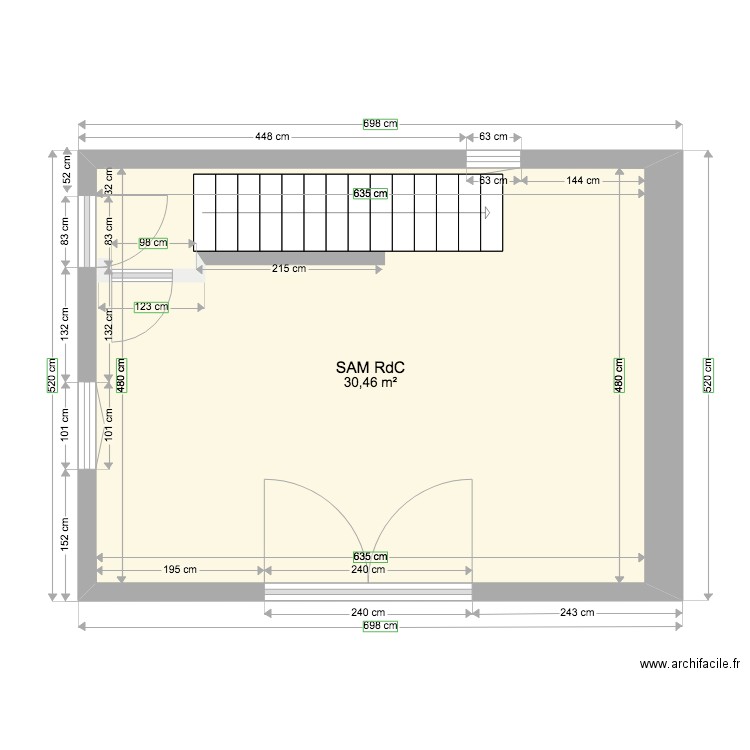 partie 1980 RdC BASTIDON (future SaM). Plan de 1 pièce et 30 m2