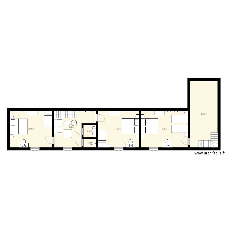 Chambres salle et bloc sanitaire étage. Plan de 7 pièces et 105 m2