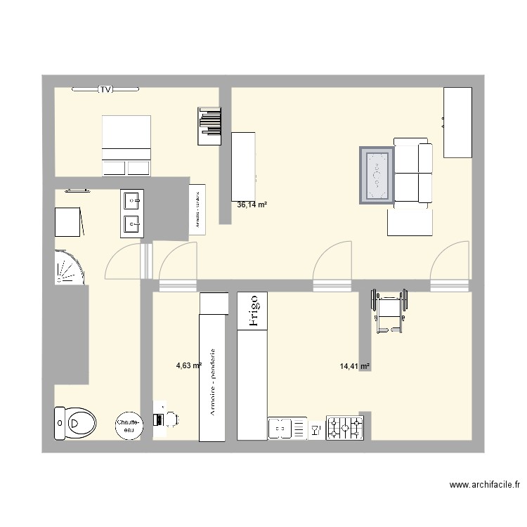 amenagement. Plan de 3 pièces et 55 m2