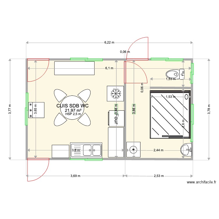 UEUE 1 EST  CUISINE -SDB -WC . Plan de 1 pièce et 22 m2