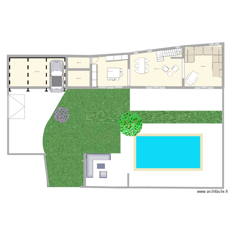 Plan Mas RDC v2 avec Jardin/Piscine. Plan de 6 pièces et 106 m2