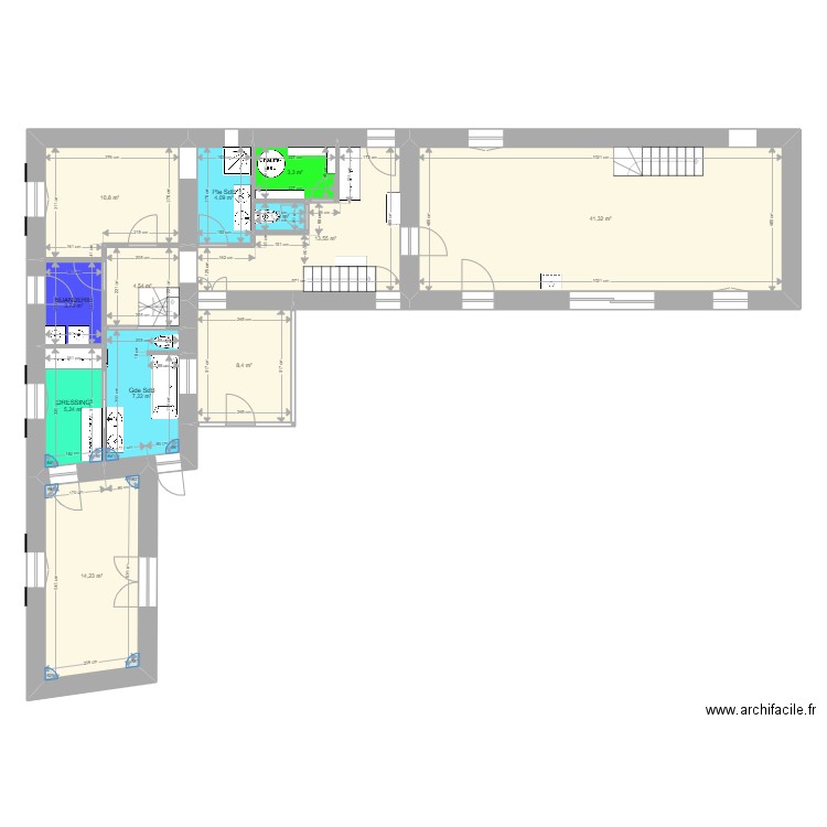 Saint-Léon Ambroise Croizat - Création grande entrée avec cellier + SdB réduite + Nouvelle SdB + dressing + buanderie . Plan de 12 pièces et 118 m2