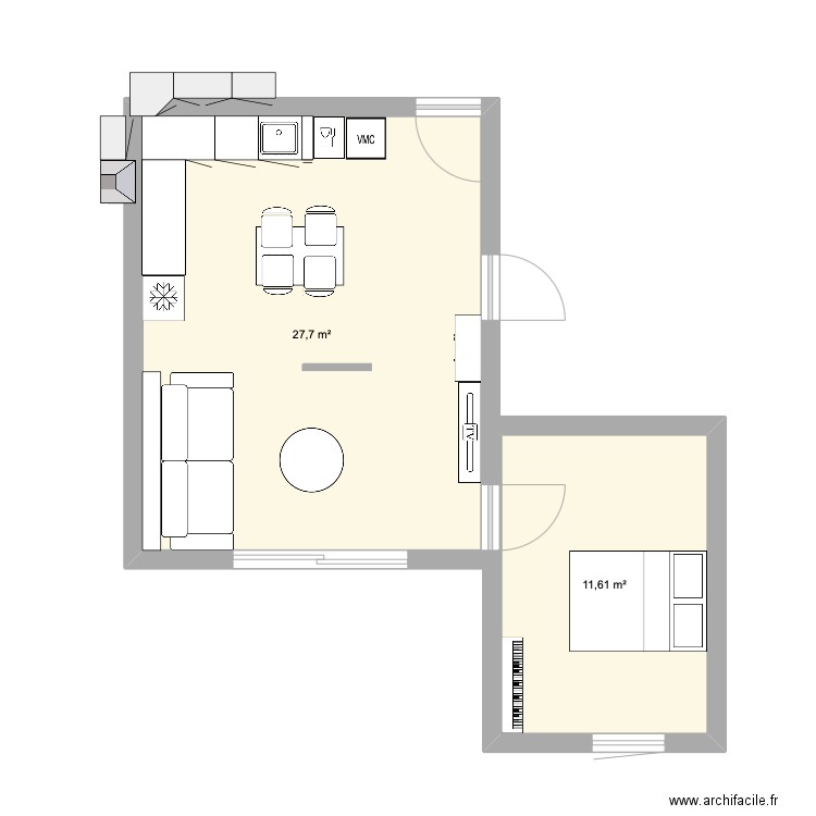Cuisine. Plan de 2 pièces et 39 m2