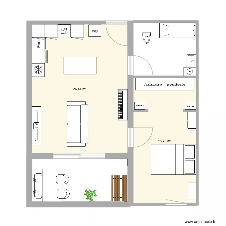 Cuisine. Plan de 2  et 43 m²
