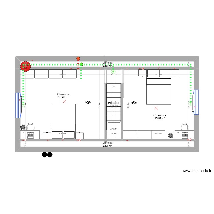 Arquenne 2èm grenier noir et blanc. Plan de 5 pièces et 45 m2