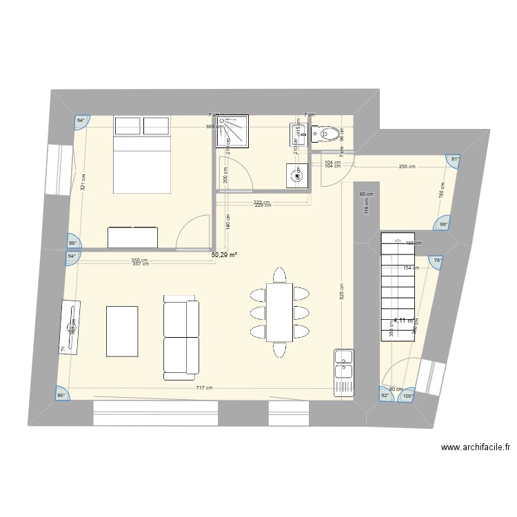 appartement cote place 1. Plan de 2 pièces et 54 m2