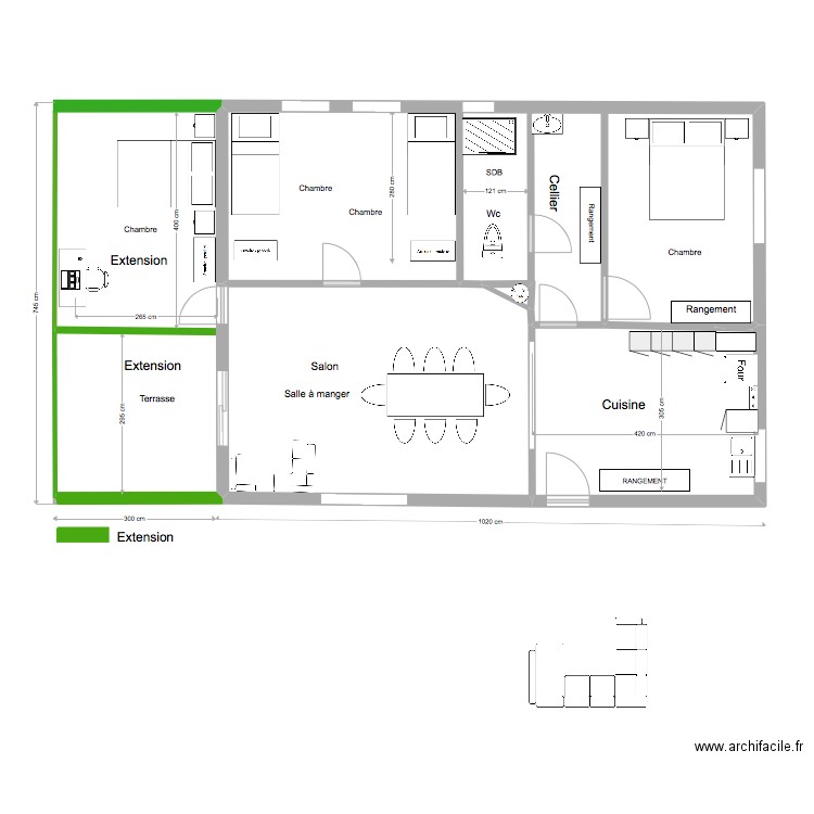 Avec extension. Plan de 4 pièces et 67 m2