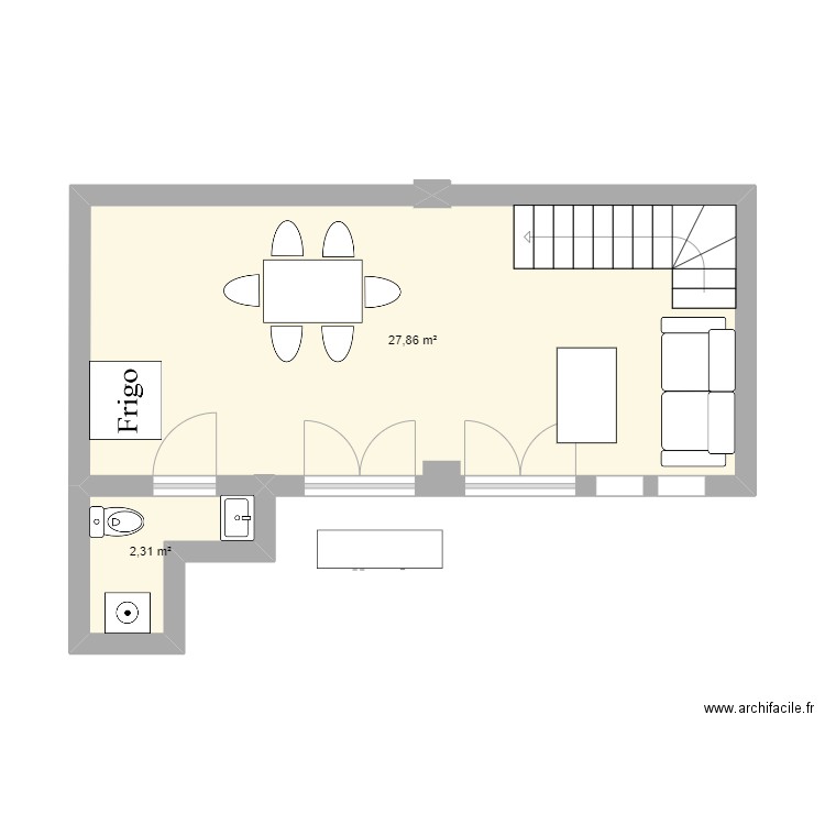 rdc . Plan de 2 pièces et 30 m2